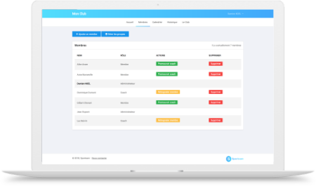 page gestion de membres adhérents sporteam